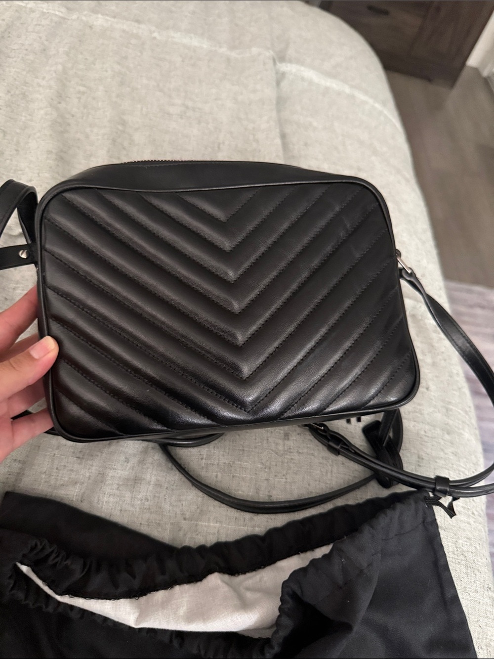 Saint Laurent Black Quilted Chevron Leather Camera Bag with YSL Logo - Picture 9 of 10
